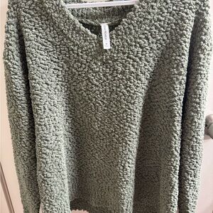 Zenana Outfitters Olive V-Neck Textured Sweater